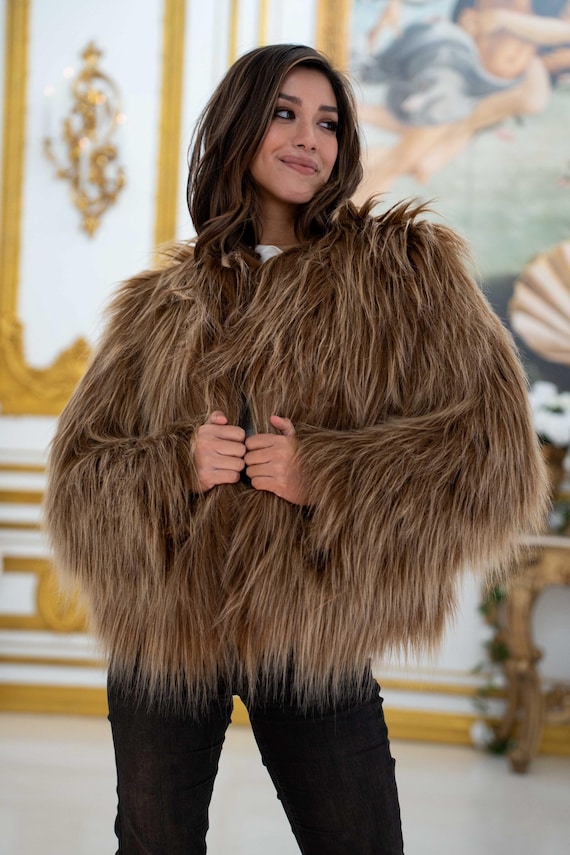 Women's Tan Ostrich Fur Cropped Short Coat, Boho Coat