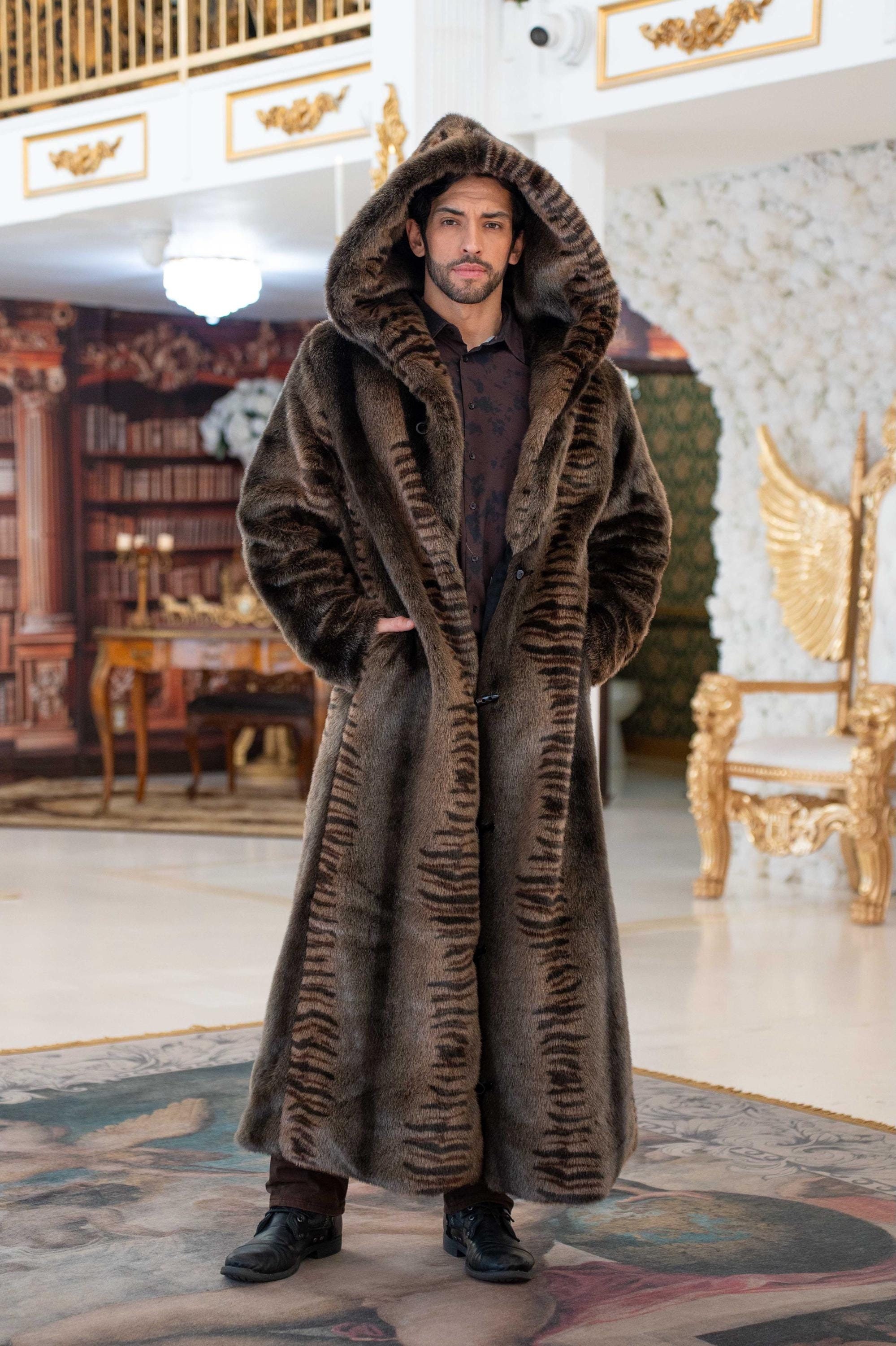 Men's Faux Fur Hooded Coat in Tibetian Wolf, Brown/black, Gray Wolf Winter  Coat, Vegan Fur, Fake Fur Jacket for Burning Man - Etsy Canada