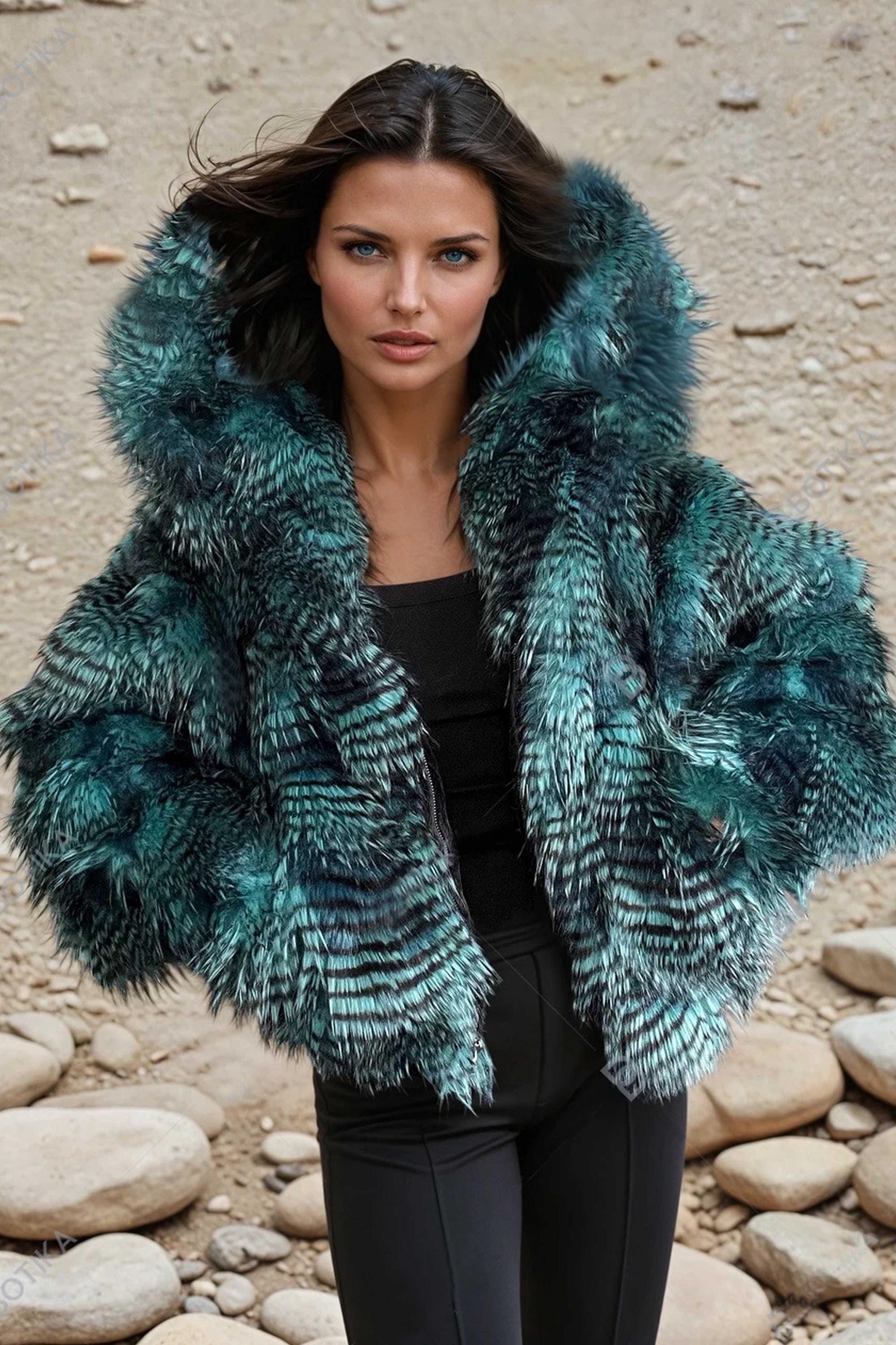 ジャケット・アウター 00s Fake fur coat Women's Faux Fur Beige Brown, Teal or Rose Pink Short Hooded Fake