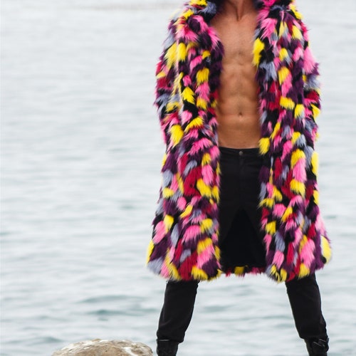 Men's Faux Fur Multi Color Coat Fake Fur Jacket Vegan - Etsy