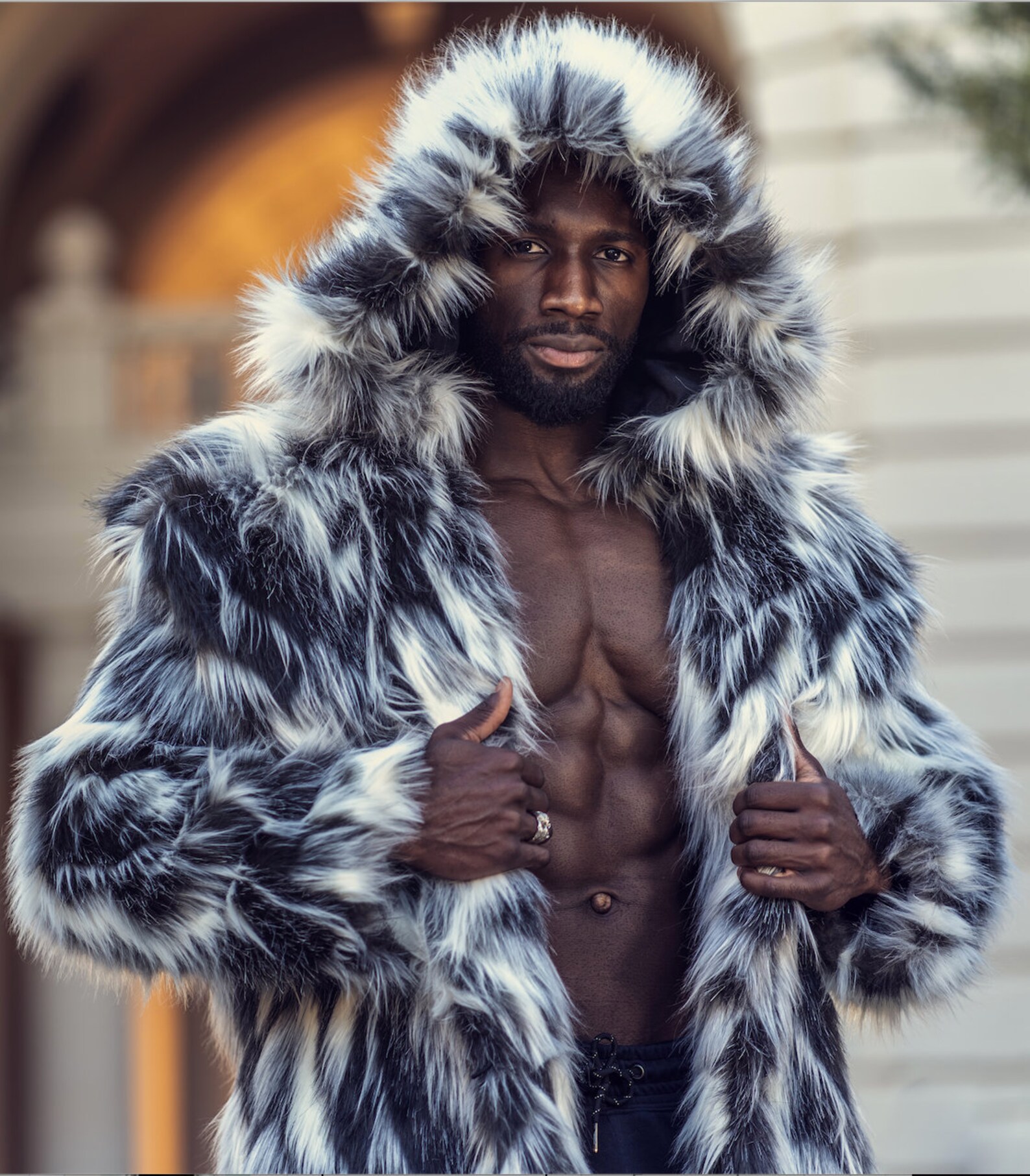 Men's Stylish Faux Fur 3/4 Length Coat Black main image 0