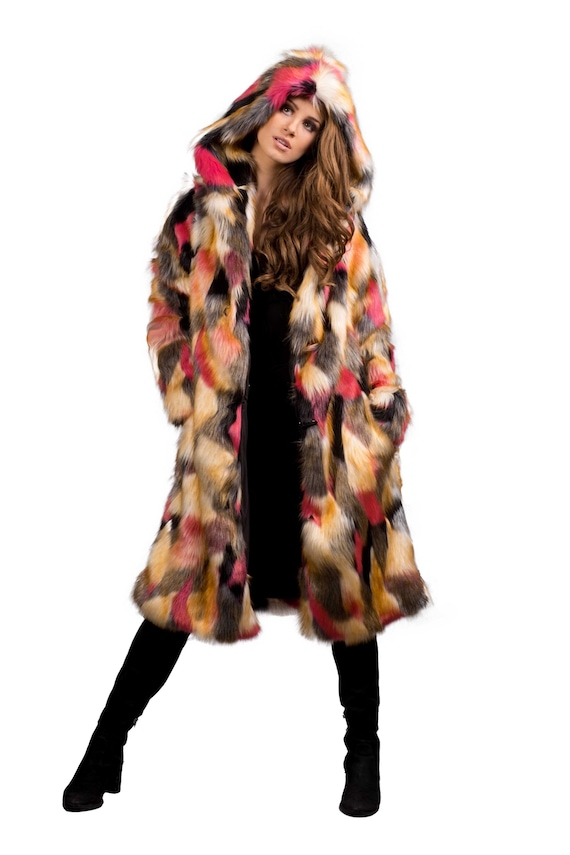 Women s Faux Fur Hooded Coat in Pink Black Calico Brown white