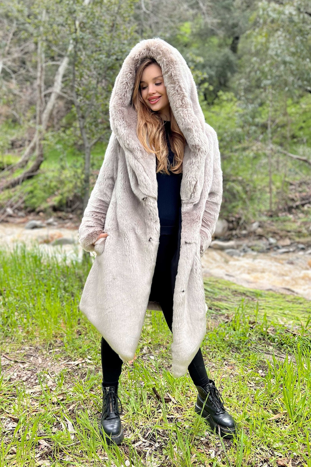 Women's Faux Chinchilla Fur Hooded Winter Coat in Champagne