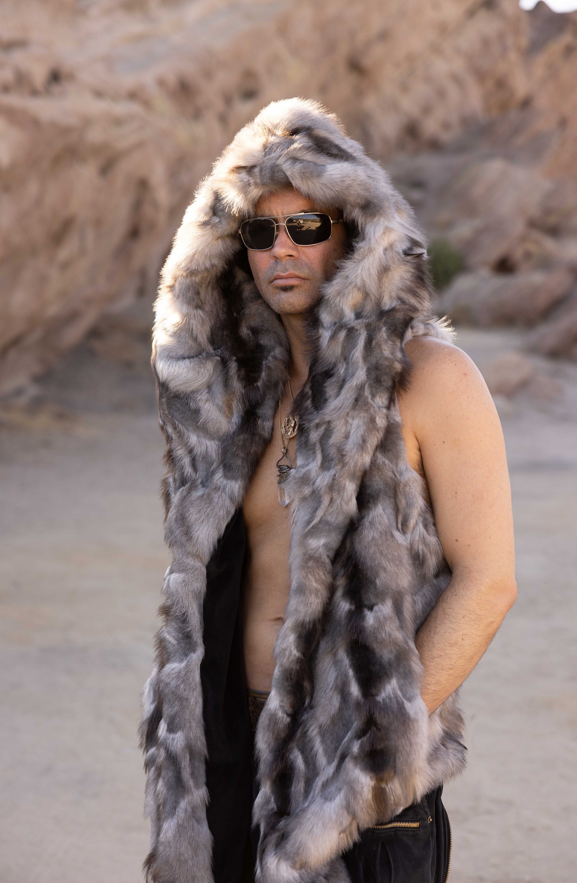 Men's Faux Fur Hooded Vest in silver Wolf or gray Wolf , Fake Fur