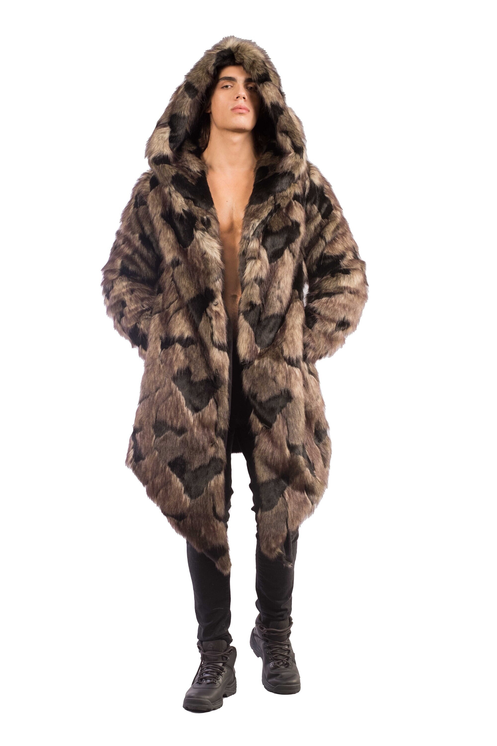 Men's Faux Fur Hooded Coat in Fenrir Brown/ Black/ Gray - Etsy