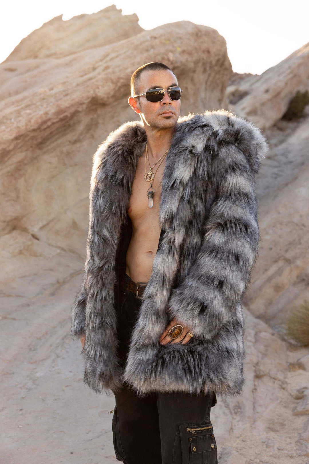 Men's SHORT Faux Fur Hooded Coat in Gray Wolverine, "winter Coat, Vegan ...