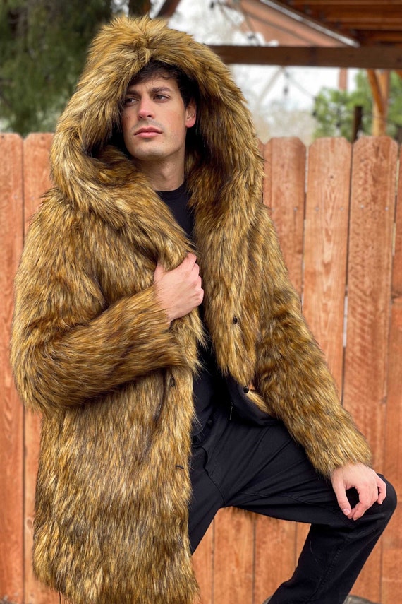 Men s SHORT Faux Fur Hooded Coat in Gold Brown Gray White Canadian Snow Wolf 1 winter Coat Vegan Fur Fake Fur Jacket for Burning Man Etsy