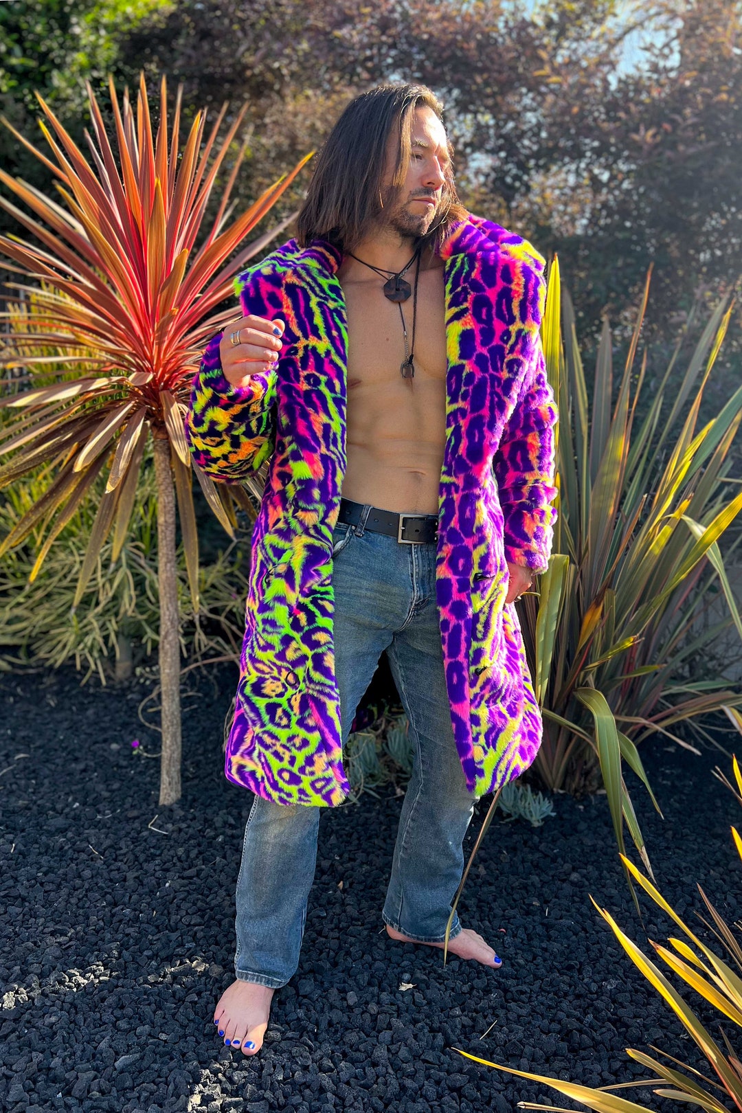 Men's Faux Fur Collared Coat, Multi Color Neon Cheetah Fake Fur