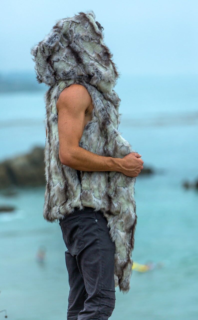 Men's Faux Fur Hooded Vest in Silver Wolf or Etsy