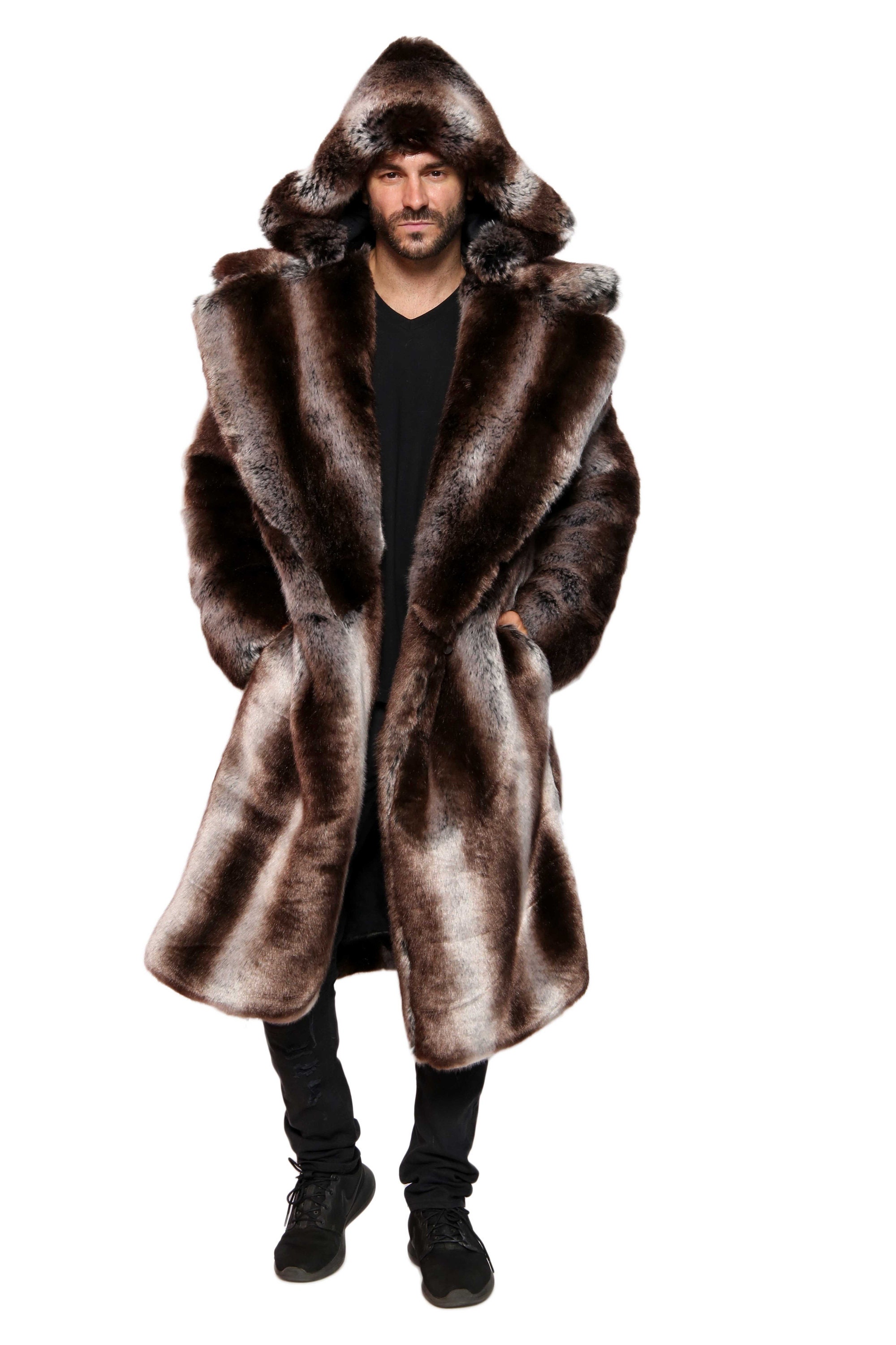 Men's Faux Fur CHINCHILLA TISSAVEL Luxury Fur Coat in truffle