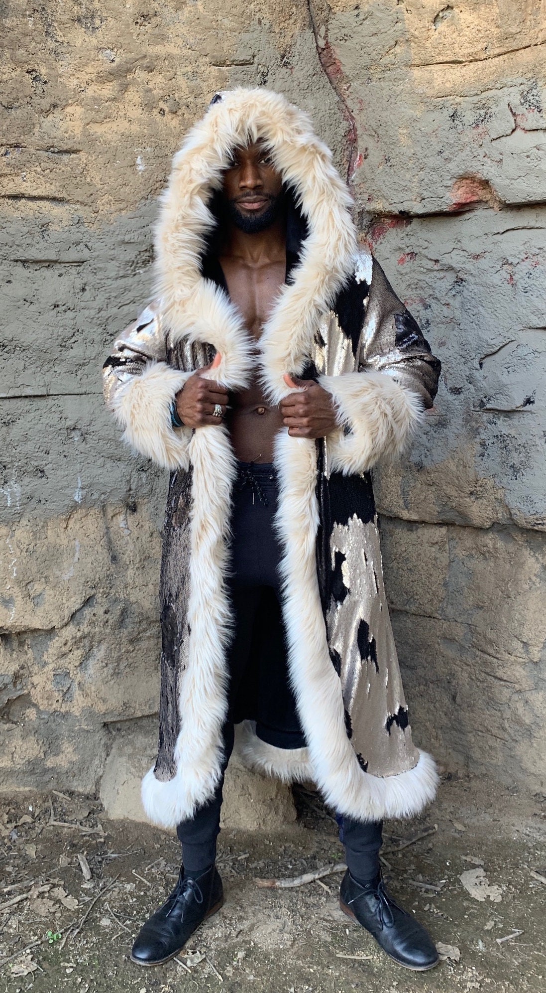 Men s Flip Sequin Faux Fur Coat in taupe black or white black for Burning Man Luxury Coat Festival Jacket Etsy