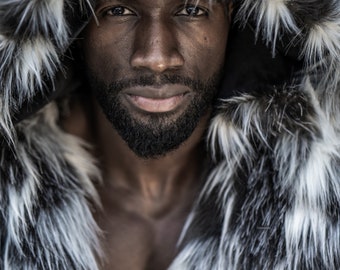 Men's Faux Fur Winter Hooded Long Coat, Black White Luxury Fake