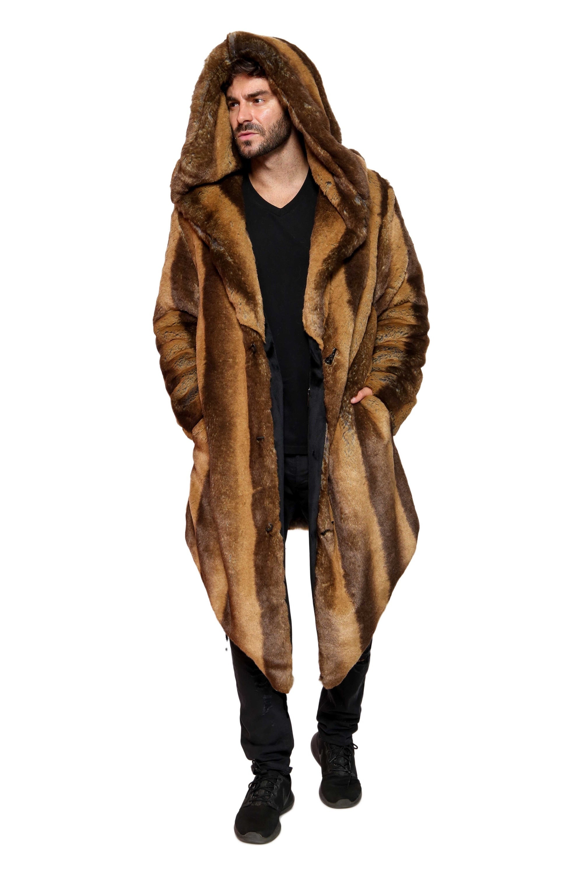 メンズ フェイクファー チンチラ 冬用コート ブラウン/シルバー