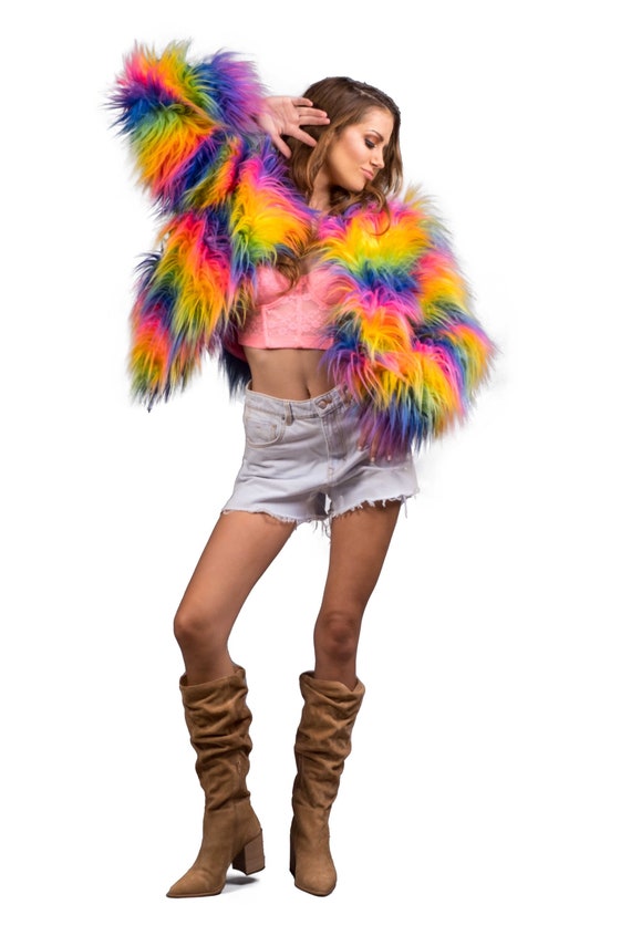 Women's Rainbow Faux Fur Cropped Short Coat Boho Coat - Etsy Canada