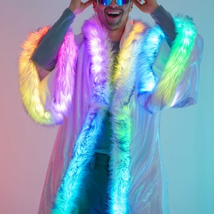 Fur Iridescent Kimono, Burning Man coat Festival Clothing Rave Outfit party jacket sparkly cardigan Rave duster long zdjęcie 9