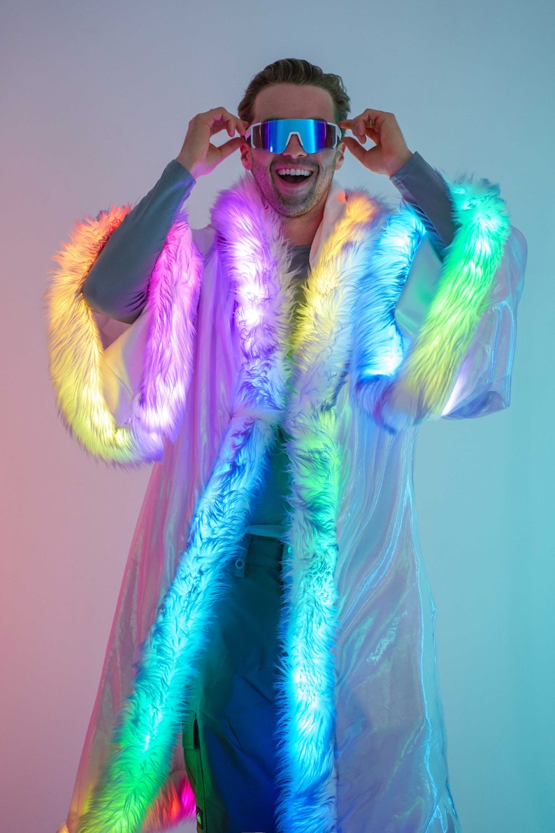 Fur Iridescent Kimono, Burning Man coat Festival Clothing Rave Outfit party jacket sparkly cardigan Rave duster long zdjęcie 9