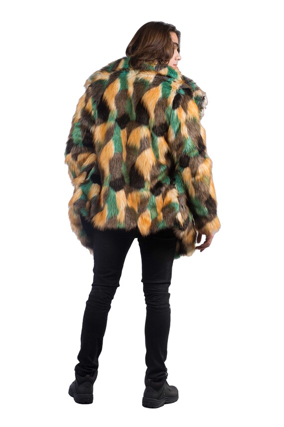 Men's Faux Fur Collared Multicolored, Patchwork Coat, Luxury