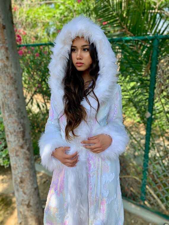 pink faux fur hooded sequin jacket