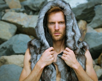 Men's Hooded Viking Vest in "Gray/ Brown", Fake Wolf Fur Vest, Vegan Fur Vest, Festival Vest for Burning Man