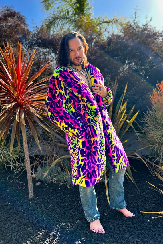 Men's Faux Fur Collared Coat, Multi Color Neon Cheetah Fake Fur