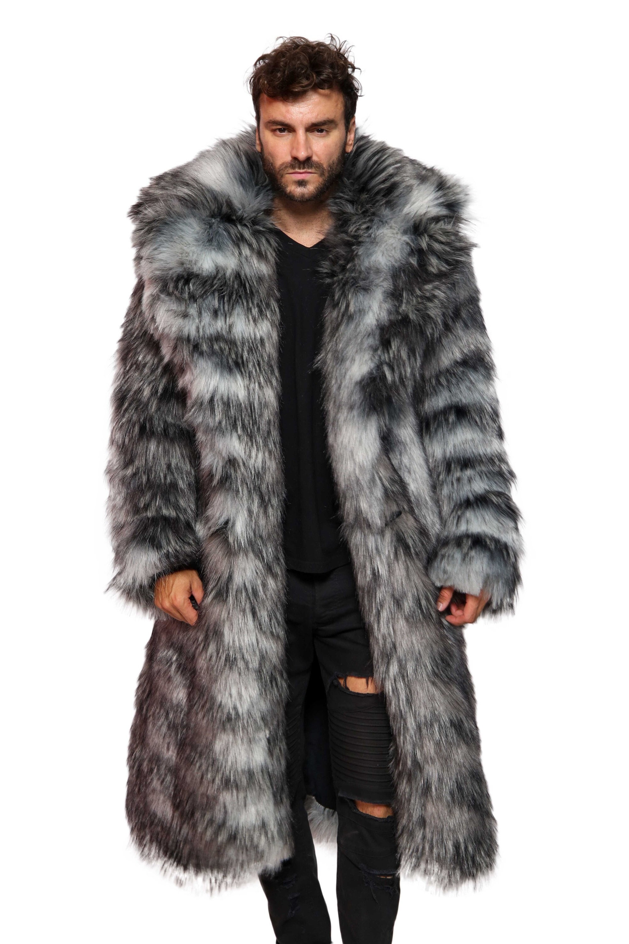 Oversized Grey Faux Fur Coat Men - Fur Coat with Hood