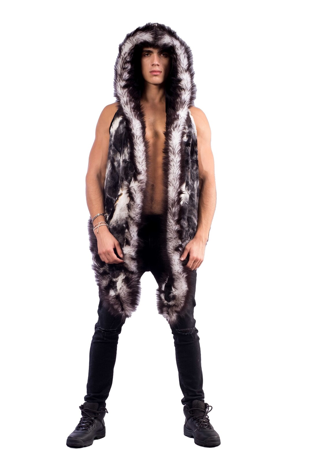 Men's Faux Fur Hooded Vest in black White Fake Fur, black White Tie Dye