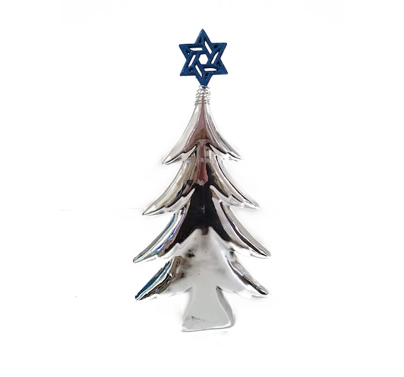 Ready to Ship Chrismukkah Tree Green Sparkle Tree with Gold Sparkle Jewish Star Tree Topper