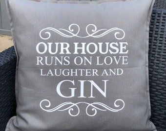 Gin Gifts, Our House Runs On Gin, Cushion, Home Décor, New Home Gift, Birthday Gift, Christmas Gift, Cushion Gift