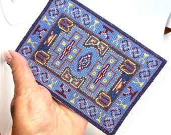 Miniature hand embroidered Oriental rug, 1/12 scale, Dagestan geometric