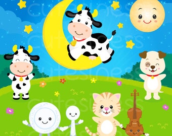 Hey Diddle Diddle Clipart , Cow Clipart, Nursery Clipart, Nursery rhyme clipart