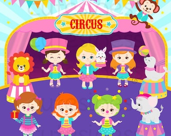 Girls Circus Digital Clip Art, Baby Girl Circus Party, Circus Digital Clip Art, Circus Clipart, Carnival Clipart, Clown Girl