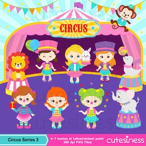 Meisjes circus digitale illustraties, babymeisje circusfeestje, circus digitale illustraties, circus clipart, carnaval clipart, clown meisje