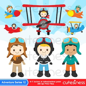 May include: A set of 10 digital clipart images featuring cute cartoon pilots wearing aviator goggles and flying airplanes. The airplanes are red, blue, and orange. The pilots are wearing brown, blue, and green flight suits. The images are perfect for creating invitations, party decorations, or scrapbooking projects.