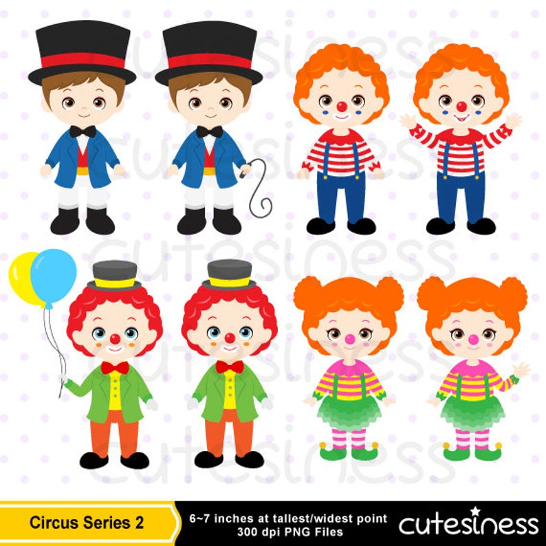 May include: Set of ten digital illustrations of circus performers. The set includes two ringmasters, two clowns with red hair, two clowns with green outfits, and two clowns with pink and green outfits. The illustrations are in a cartoon style and are perfect for use in digital projects.