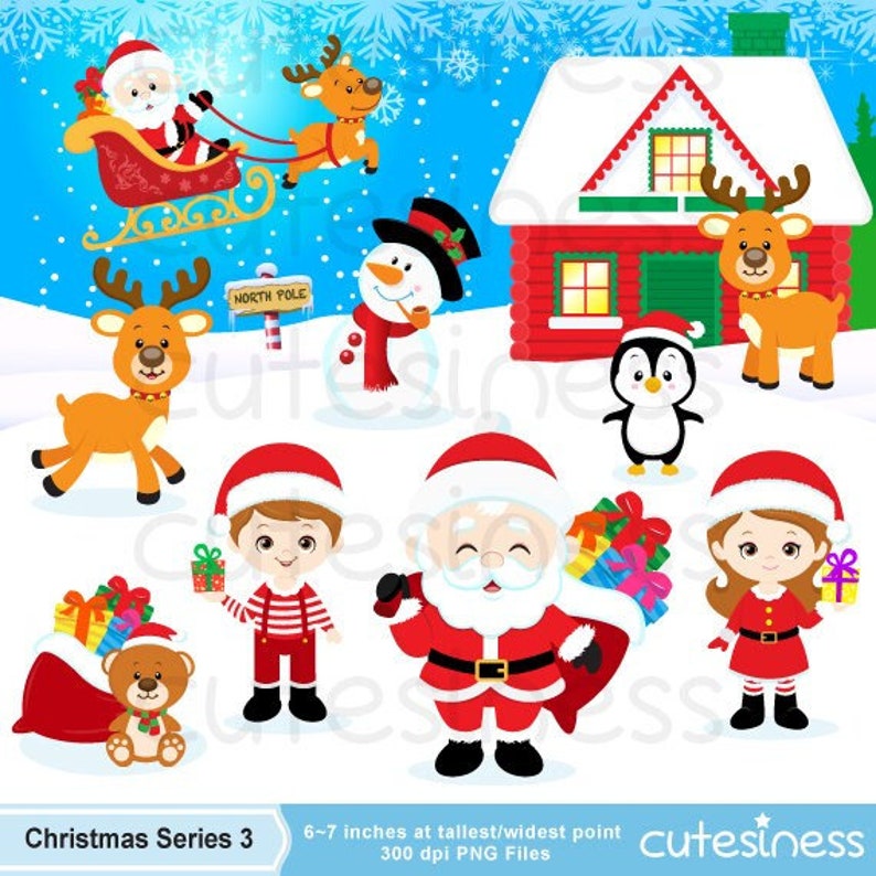 May include: A set of 10 Christmas clip art images featuring Santa Claus, a snowman, a penguin, reindeer, a girl, a boy, and a house. The images are in a cartoon style and are perfect for creating holiday crafts, cards, and decorations.