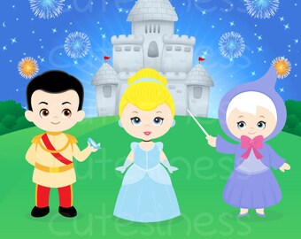 May include: A digital illustration of a prince, princess, and fairy godmother in front of a castle with fireworks in the background. The prince is wearing a blue and gold suit, the princess is wearing a blue dress, and the fairy godmother is wearing a purple dress and a pink bow.