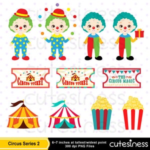 May include: A set of 10 digital clipart images featuring circus clowns, tents, popcorn, and tickets. The images are in a cartoon style and feature bright colors. The text on the tickets reads "Circus Ticket" and "The Circus Magic".