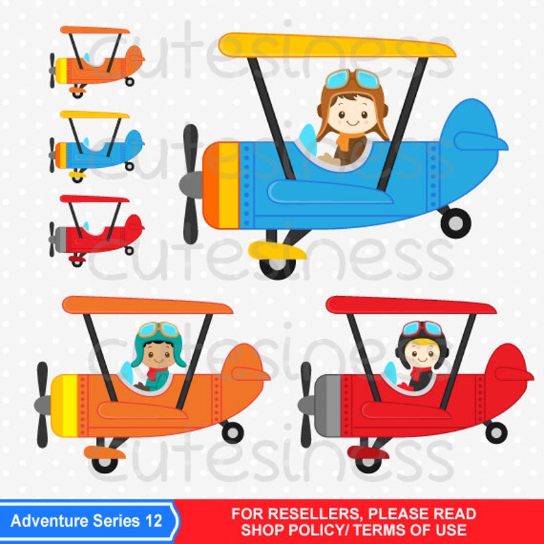 May include: Four cartoon illustrations of a red, orange, blue, and red biplane with a pilot wearing a brown aviator hat and goggles. Each plane has a yellow top wing and a gray propeller. The text "Adventure Series 12" is at the bottom left of the image. The text "FOR RESELLERS, PLEASE READ SHOP POLICY/TERMS OF USE" is at the bottom right of the image.