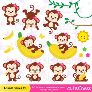 May include: A set of 10 digital illustrations featuring cute cartoon monkeys in various poses. The monkeys are brown with pink flowers in their hair. Some monkeys are holding bananas, riding bananas, or swinging from vines. The illustrations are perfect for creating invitations, cards, or other crafts.