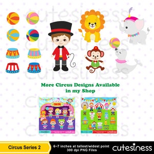 May include: A set of 20 colorful digital clipart images featuring a circus theme. The images include a ringmaster, a lion, an elephant, a monkey, a seal, a tent, a ball, and a clown. The images are perfect for creating invitations, party decorations, or other crafts.