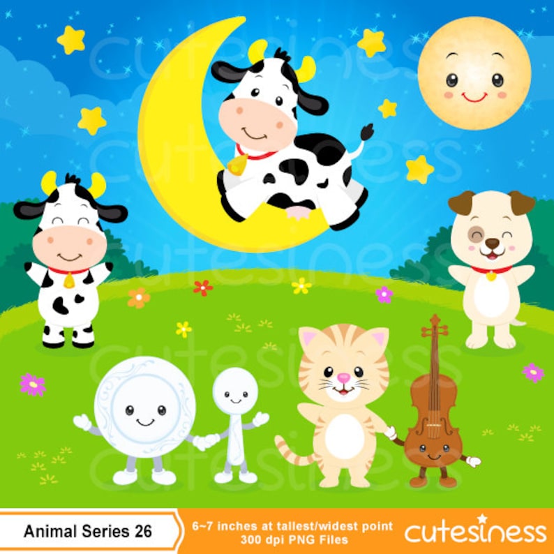 Hey Diddle Diddle Clipart , Cow Clipart, Nursery Clipart, Nursery rhyme clipart image 1