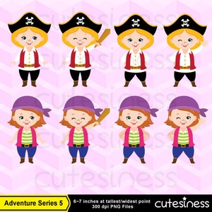 May include: Set of eight digital illustrations of cartoon pirate girls. The girls are wearing purple and white pirate hats, red and white striped shirts, and blue pants. Some of the girls are holding a wooden sword. The illustrations are in a cartoon style and are suitable for use in a variety of projects.