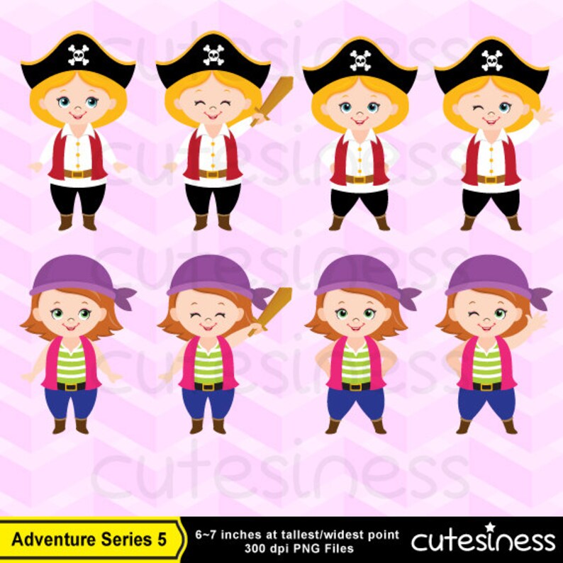 May include: Set of eight digital illustrations of cartoon pirate girls. The girls are wearing purple and white pirate hats, red and white striped shirts, and blue pants. Some of the girls are holding a wooden sword. The illustrations are in a cartoon style and are suitable for use in a variety of projects.