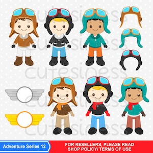 May include: Set of digital illustrations of three boys dressed as pilots. Each boy has a different skin tone and is wearing a brown leather jacket, blue jeans, brown boots, and a brown aviator hat with goggles. The boys are standing in front of a white background. There are also illustrations of aviator hats and wings.