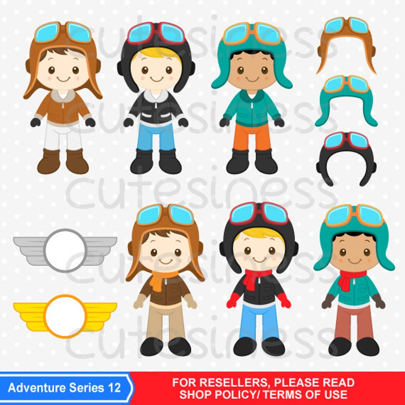 May include: Set of digital illustrations of three boys dressed as pilots. Each boy has a different skin tone and is wearing a brown leather jacket, blue jeans, brown boots, and a brown aviator hat with goggles. The boys are standing in front of a white background. There are also illustrations of aviator hats and wings.