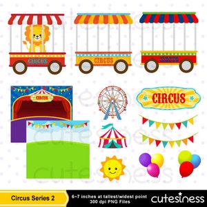 May include: A set of colorful circus-themed digital clipart images. The set includes a lion in a cage, a Ferris wheel, a tent, a sign that says "CIRCUS", a stage, a sun, balloons, and bunting.