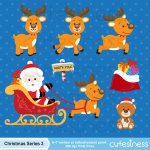 May include: A set of Christmas clip art featuring Santa Claus in a sleigh pulled by reindeer, a reindeer with a bell around its neck, a teddy bear wearing a Santa hat, a bag of presents, and a sign that reads "NORTH POLE".