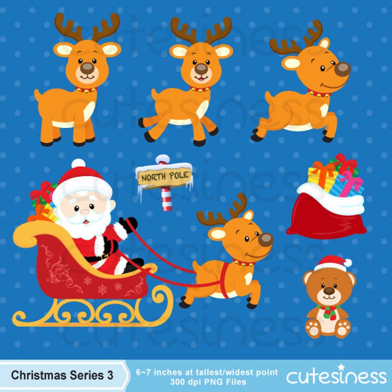 May include: A set of Christmas clip art featuring Santa Claus in a sleigh pulled by reindeer, a reindeer with a bell around its neck, a teddy bear wearing a Santa hat, a bag of presents, and a sign that reads "NORTH POLE".