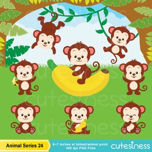 May include: Set of eight cartoon monkey illustrations. The monkeys are brown with white faces and are in various poses, including sitting, standing, and swinging from vines. Some monkeys are holding bananas. The illustrations are set against a green background with vines and leaves.