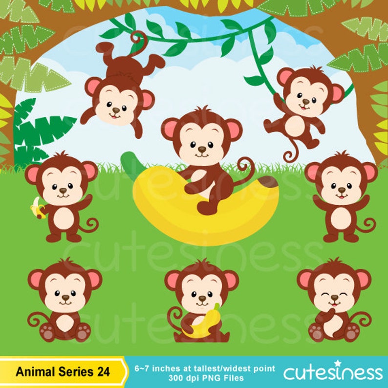 May include: Set of eight cartoon monkey illustrations. The monkeys are brown with white faces and are in various poses, including sitting, standing, and swinging from vines. Some monkeys are holding bananas. The illustrations are set against a green background with vines and leaves.